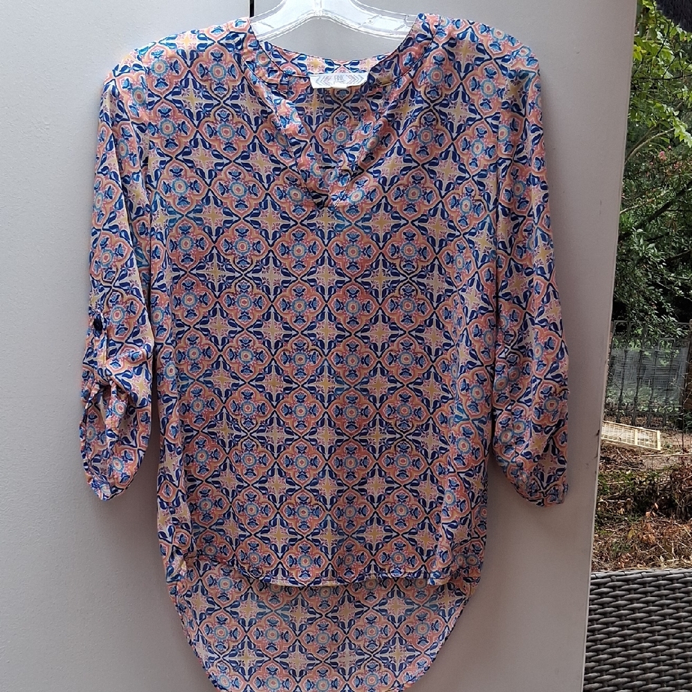 Pink Rose Geometric Floral Blouse - Blue and Pink